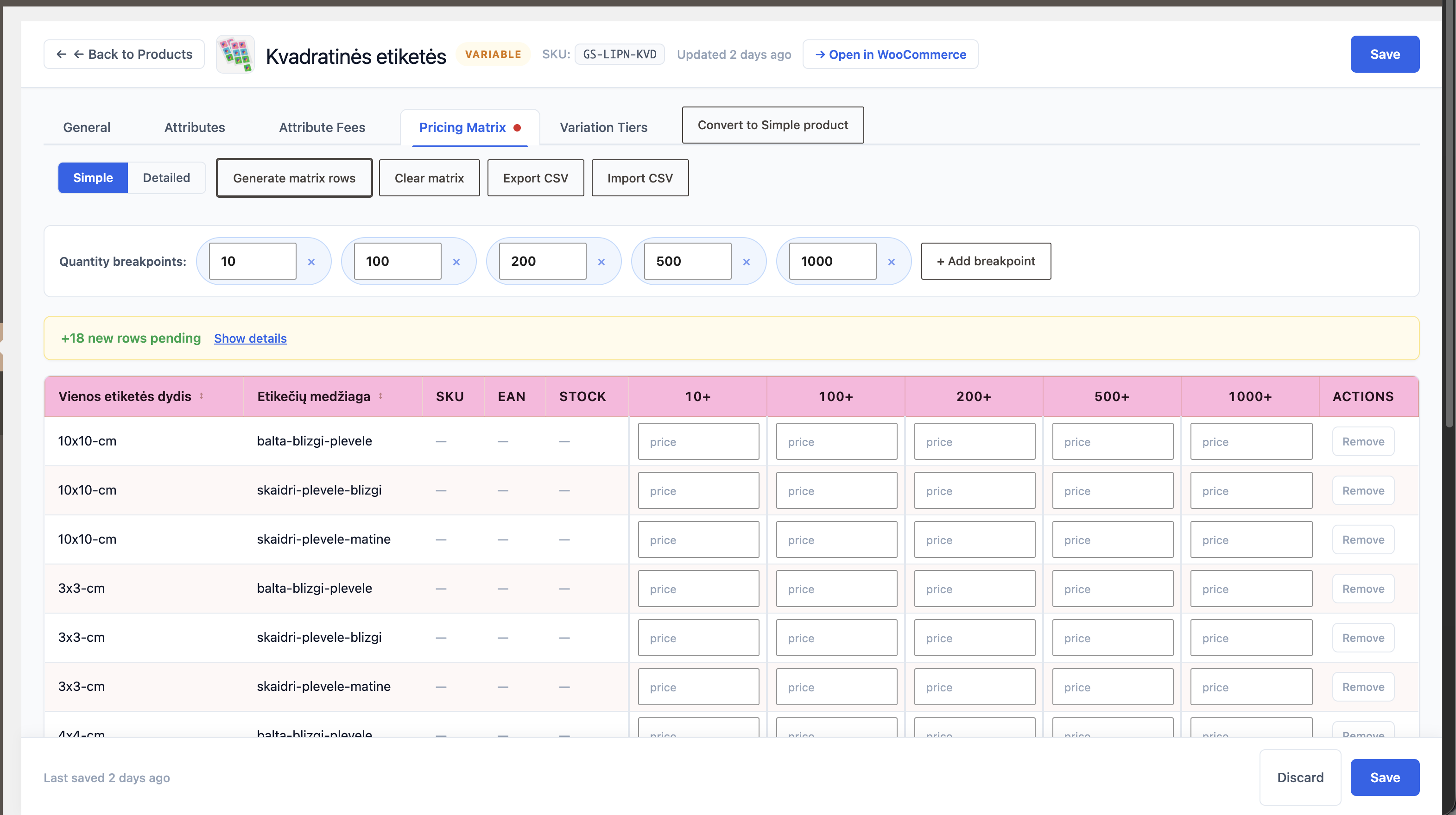 Pink Price Rules admin showing a tiered pricing rules table